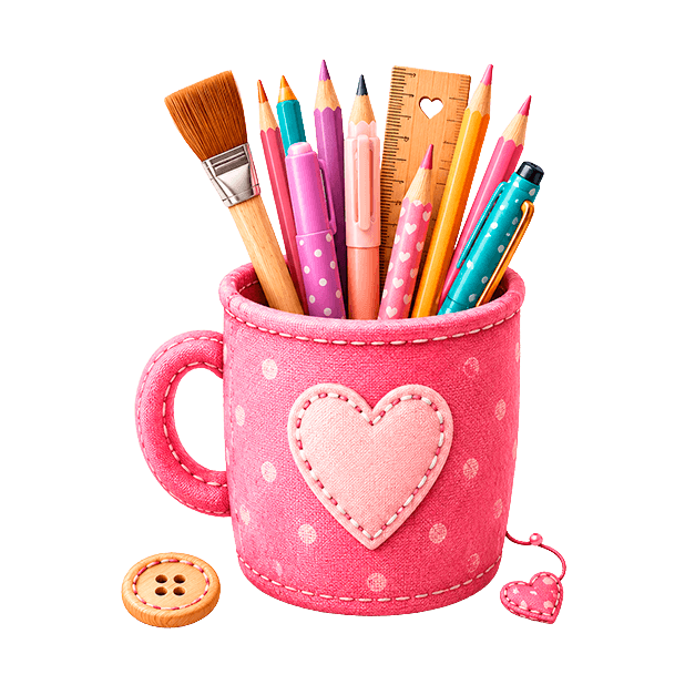Caneca rosa com canetas e materiais criativos