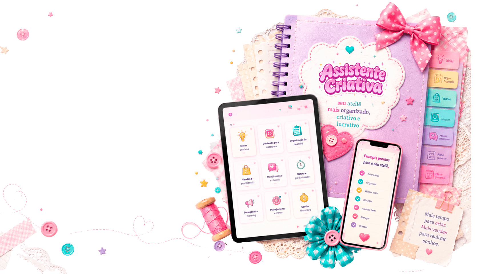 Mockup do Assistente Criativa da Artesã com guia, tablet e celular