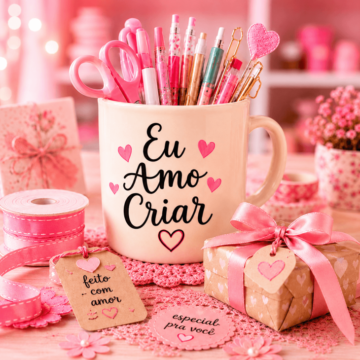 Ateliê Pra Criar com caneca e lousa inspiradora